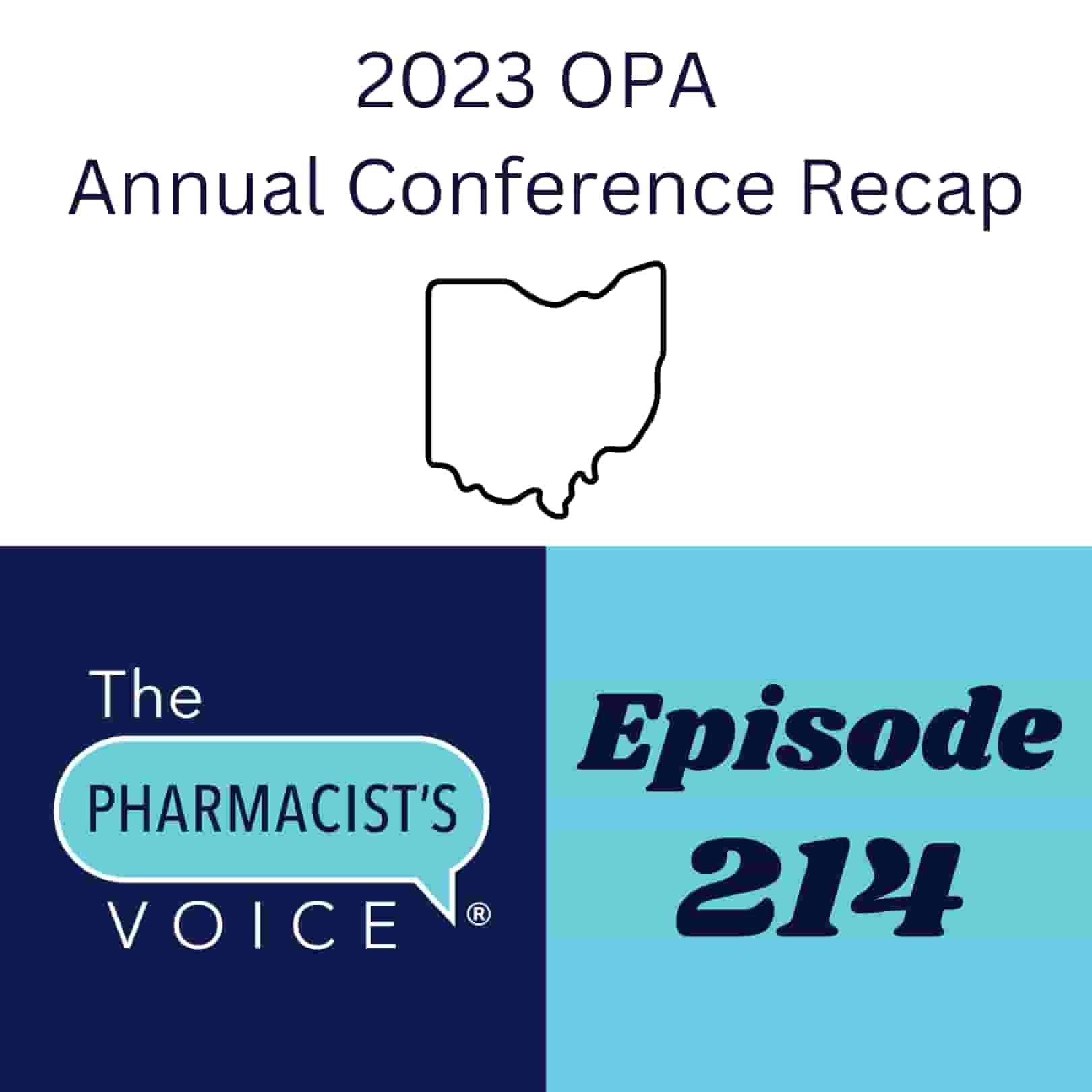This is episode artwork for The Pharmacist's Voice Podcast episode 214. It features the talk bubble logo for The Pharmacist's Voice Podcast. The colors are light blue, navy blue, and white.