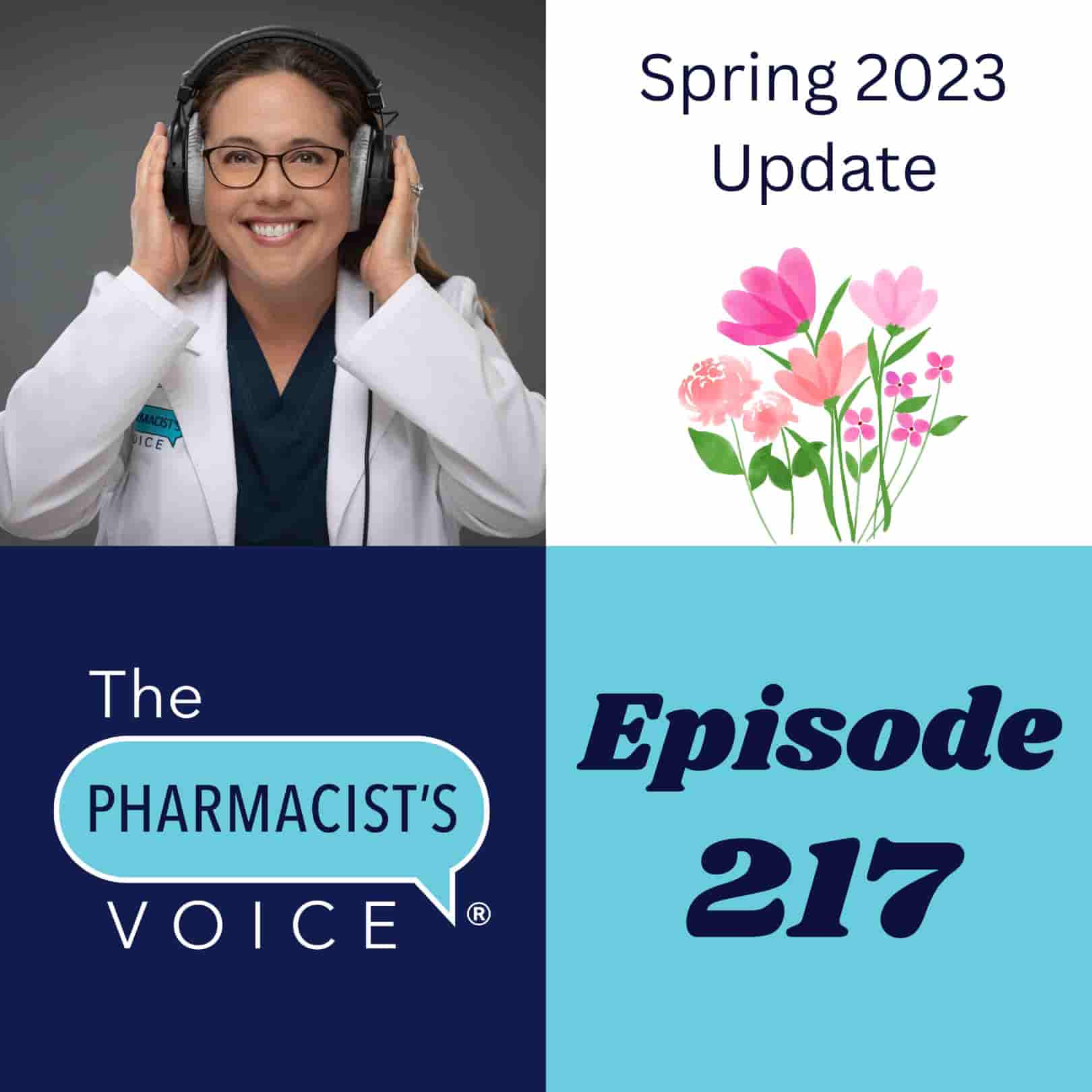 This is episode artwork for The Pharmacist's Voice Podcast. The image is square and has 3 main colors: navy blue, light blue, and white. Kim Newlove is featured in the image. She has brown hair, brown eyes, and glasses.